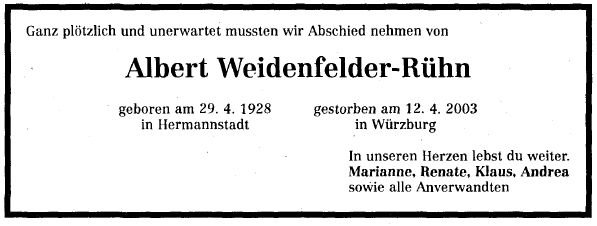 Weidenfelder-Ruehn Albert 1928-2003 Todesanzeige